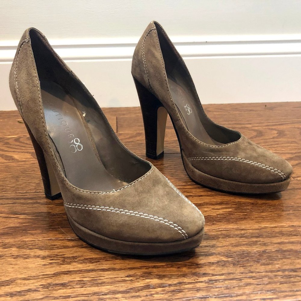 Boutique 58 Tan Suede Heels with Cream Stitching